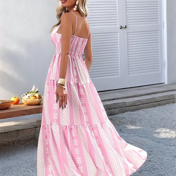 Pink Boho Women's Woven Print Spaghetti Strap Long Dress - Picture 2 of 6